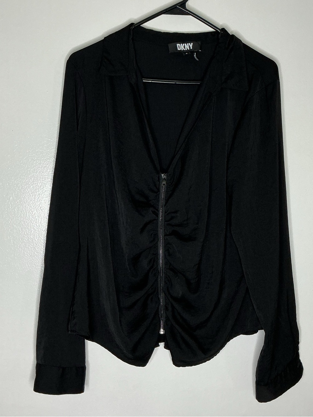 DKNY Black Ruched Zip-Front Button-Down Shirt